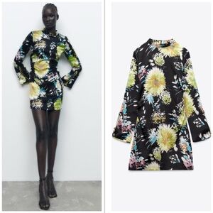 Zara Black satin floral flower print long sleeve high neck mini dress Sz S NWOT